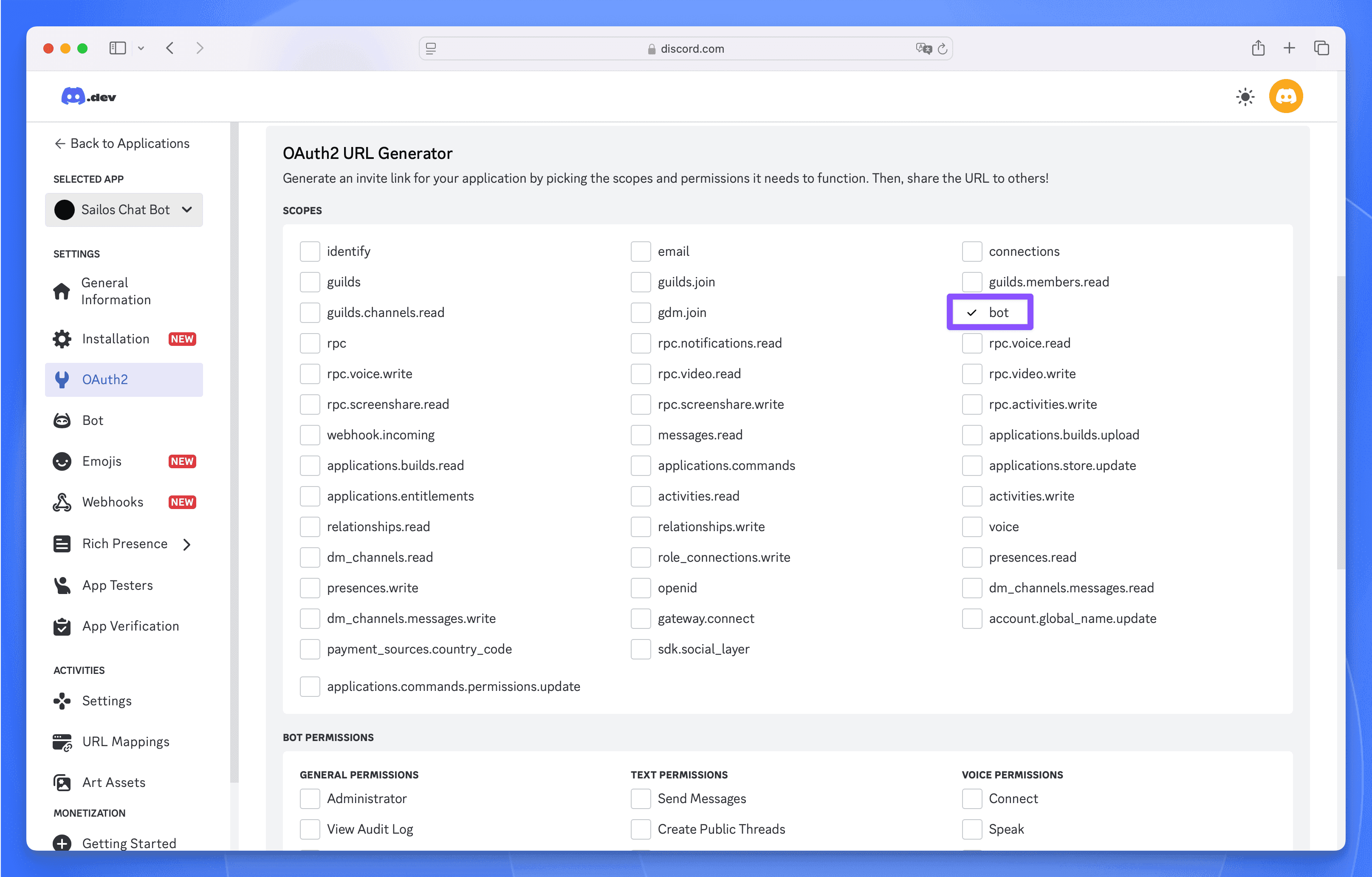 Discord Developer Portal Bot Scope