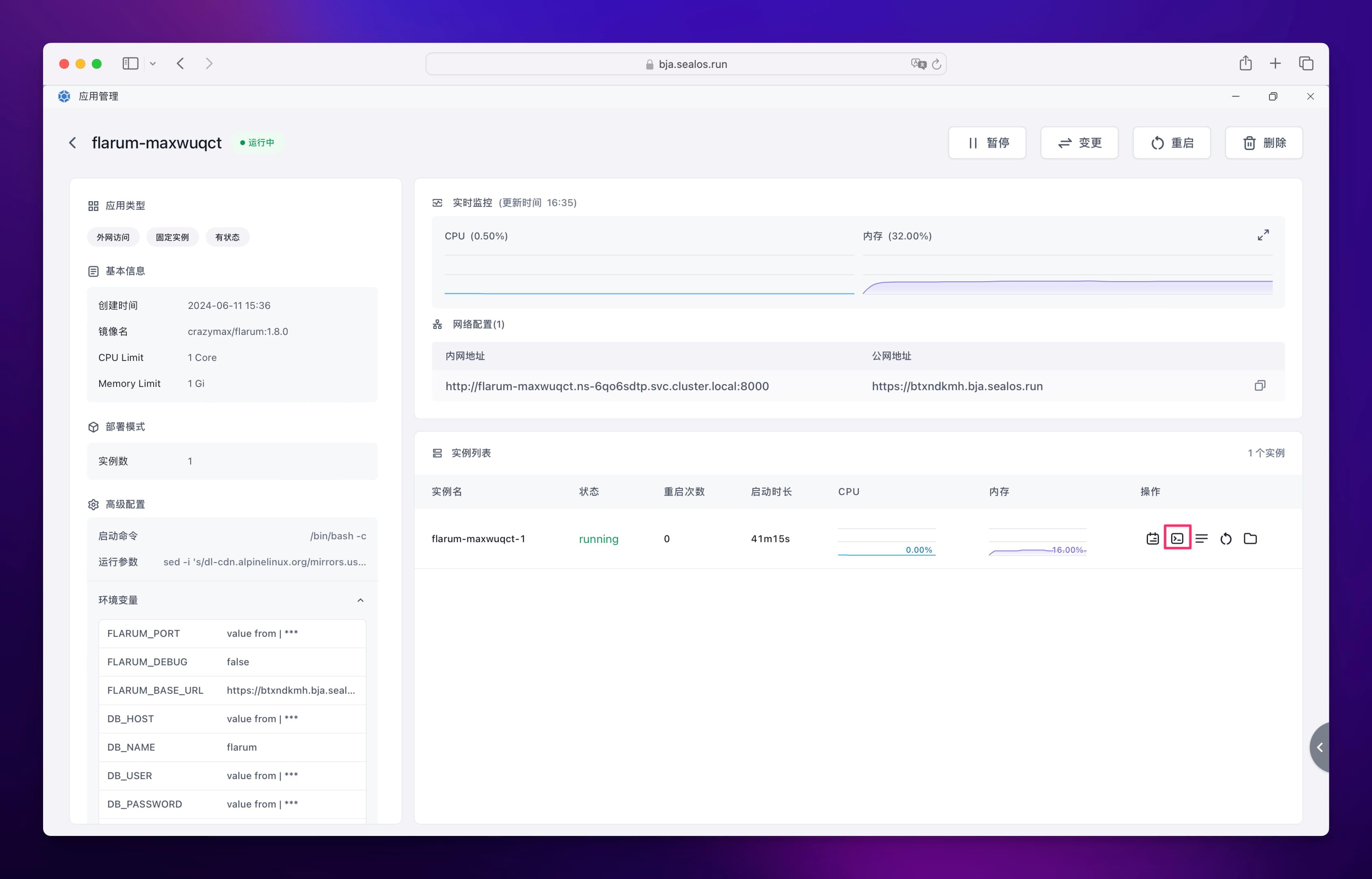 在 Sealos 中打开 Meilisearch 应用终端