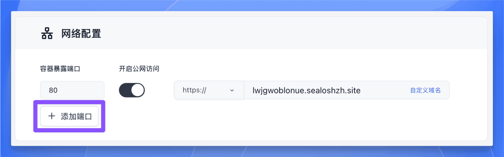 Sealos 应用管理多端口配置界面